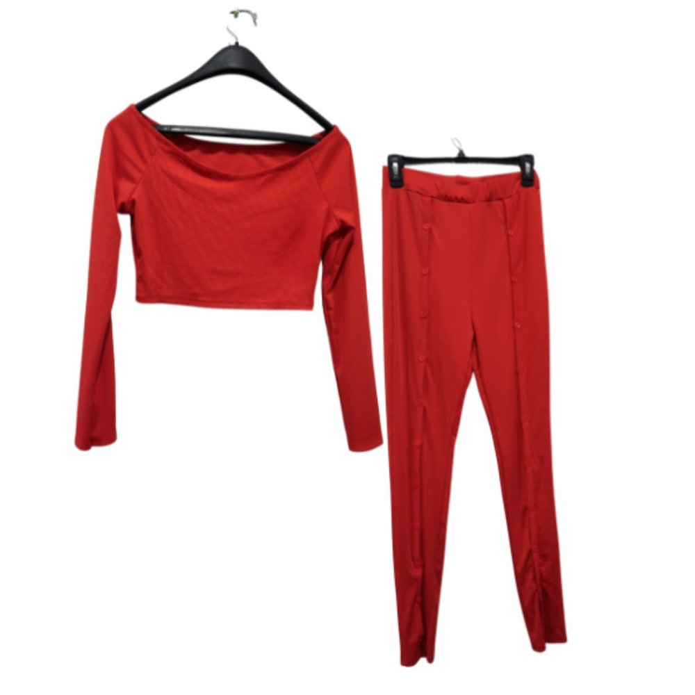 Sexy Slash Neck Crop Top with Split Button Pants Two Piece Set